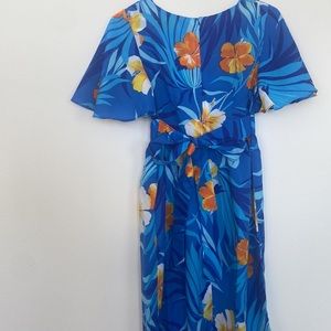 Vintage made in Hawaii dress cross front bodice, flutter sleeve, floor length.